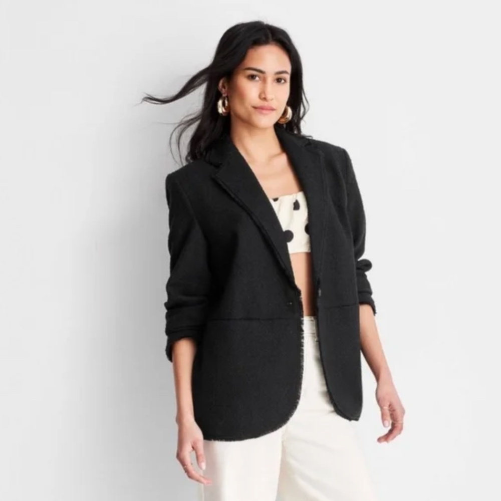 Future Collective Black Boucle Frayed Edge Tweed Blazer Jacket Size Large